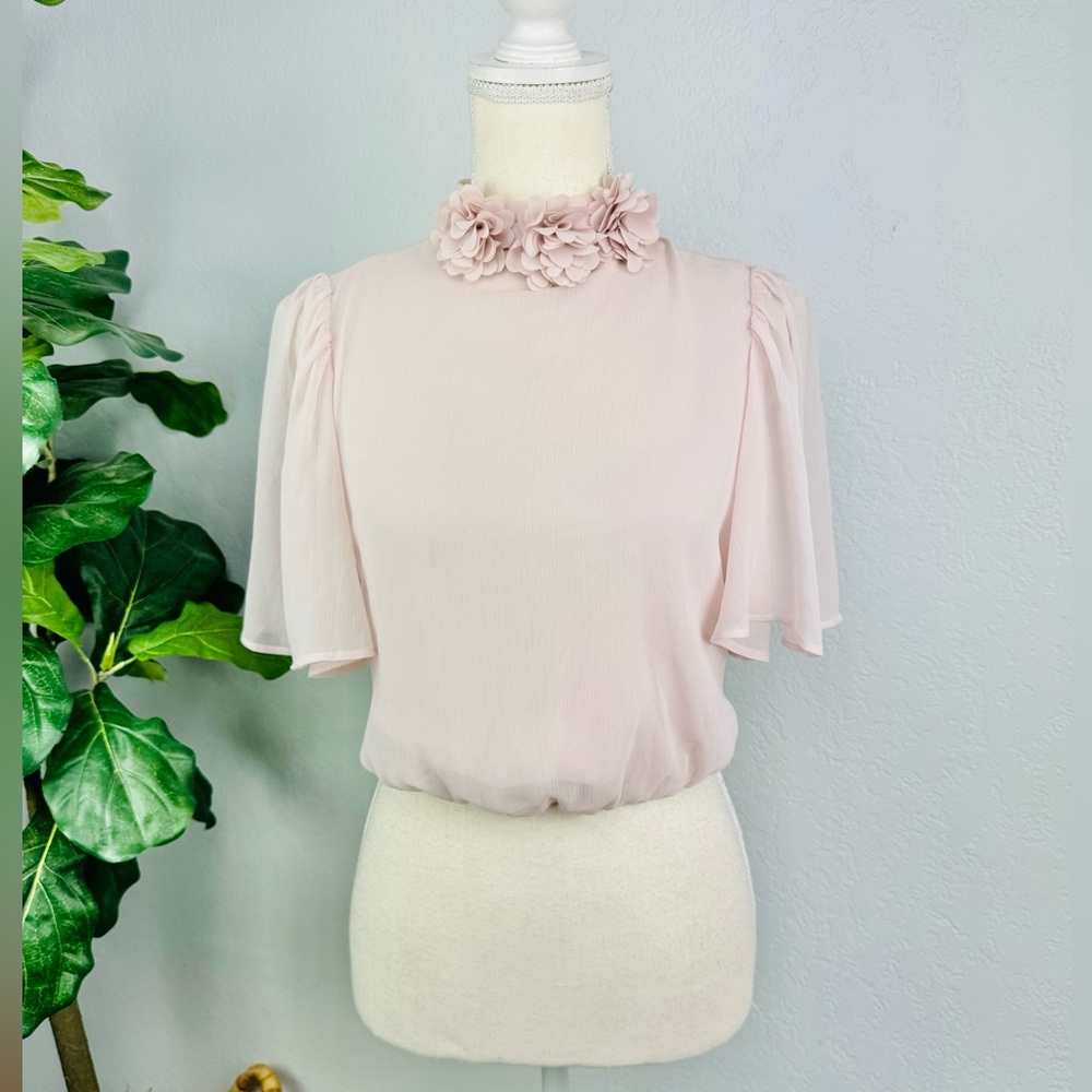 New Joie Light Pink chiffon Mock Neck Crop Top